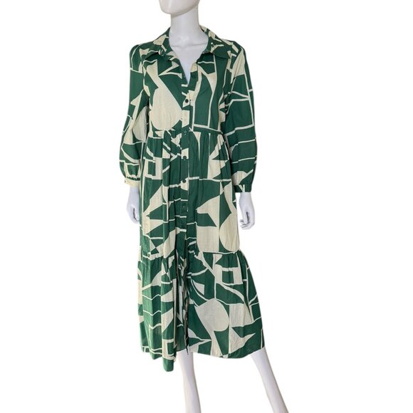 Zara Abstract Print Button Down Midi Dress Green Large NEW - Picture 1 of 8
